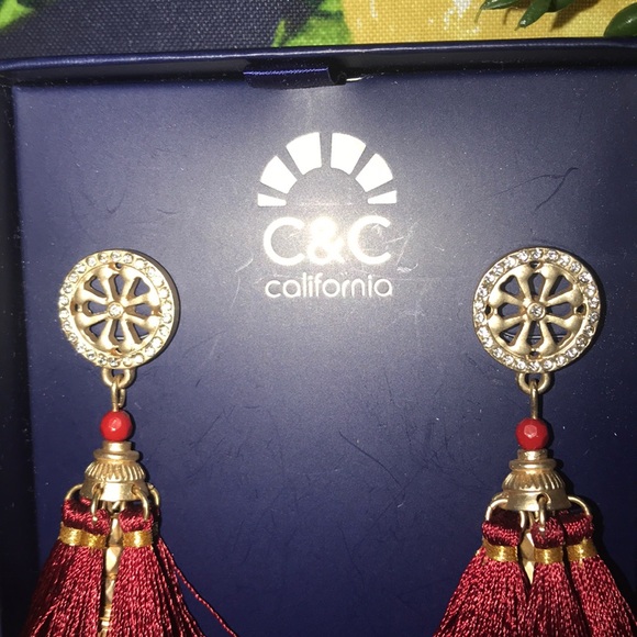 C&C California Rhinestone Burgundy Red Tassel Drop Earrings - Picture 2 of 6